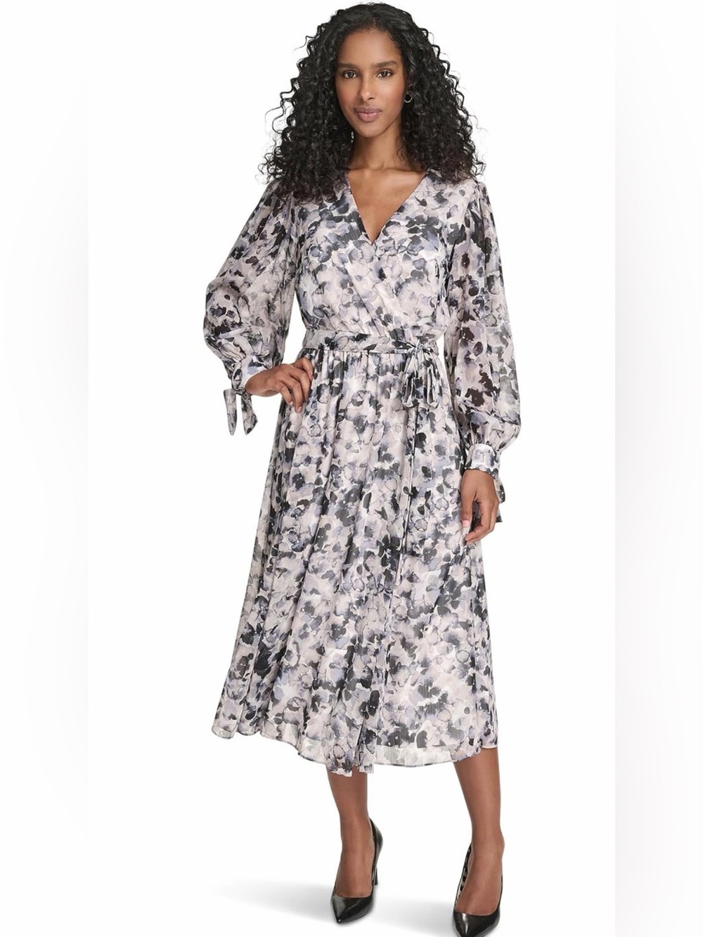Calvin Klein Floral Midi Dress in Gray and Cream